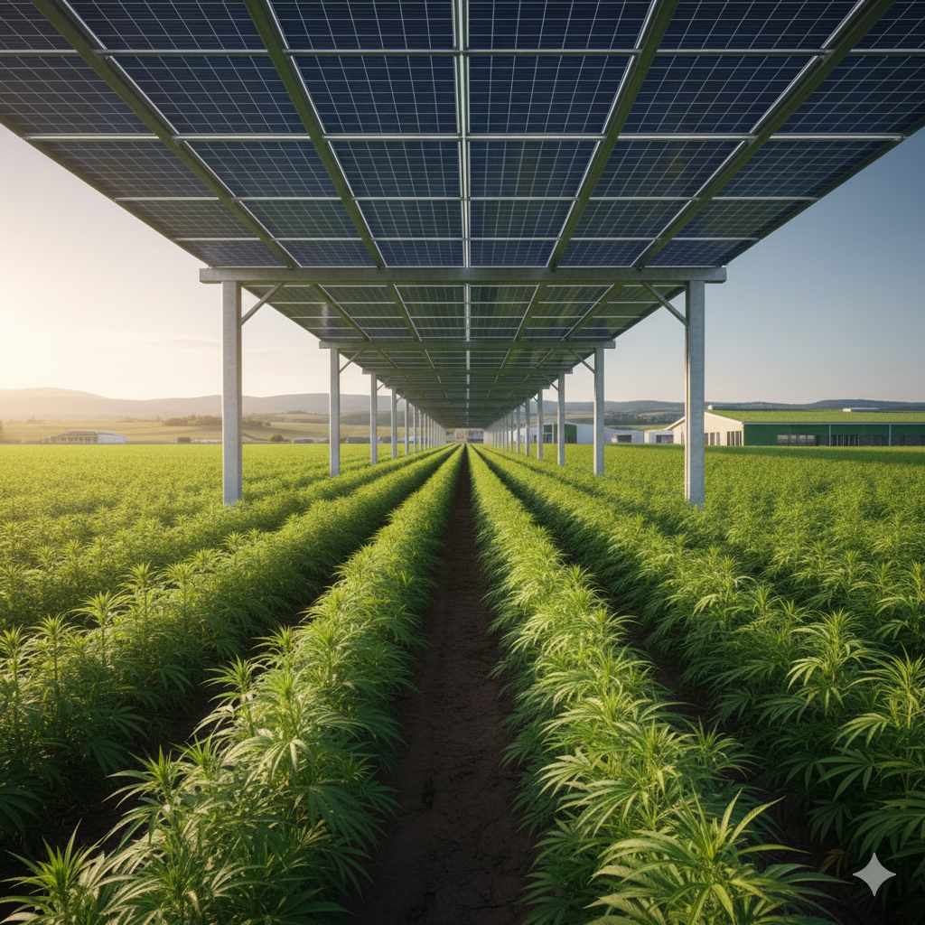 Hemp field with solar array and a modern low‑carbon structure